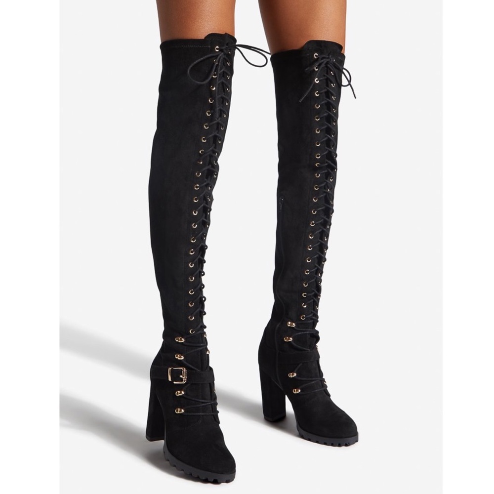 Shoedazzle Deneisha Black Thigh High Lace Up Boot Size 7.5 New With Box